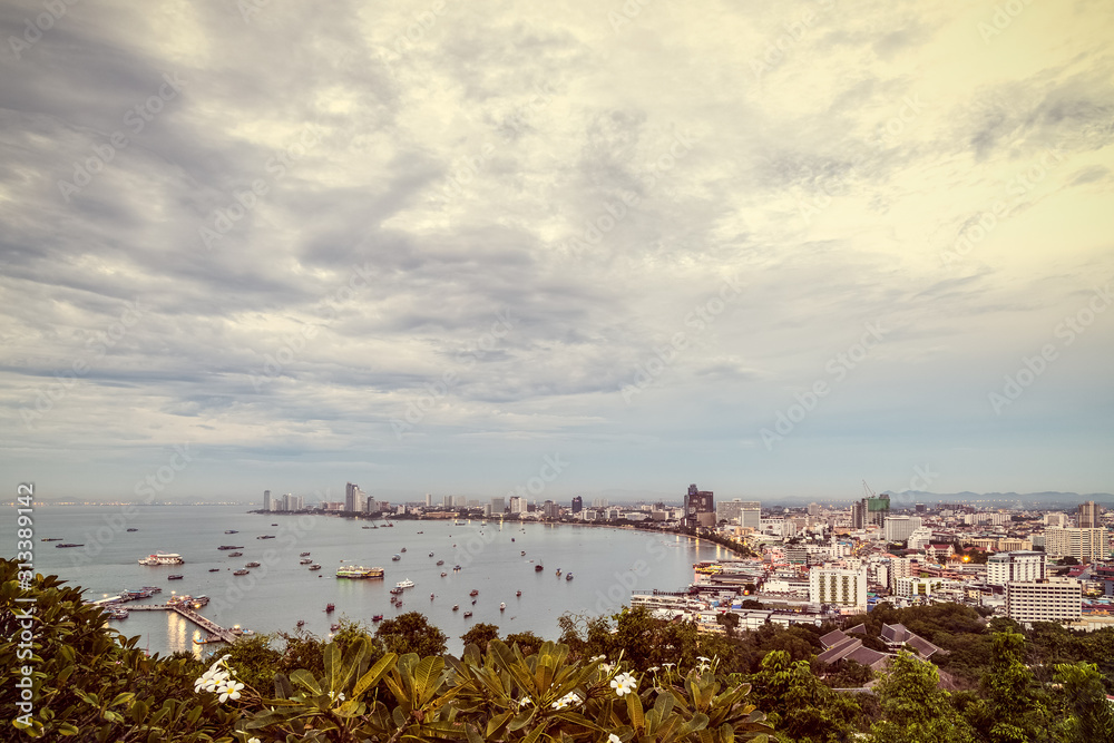 Vintage style, high view on viewpoint see cityscape at the beach and the sea of Pattaya Bay, beautiful landscape of Pattaya City landmark in Chonburi, Travel Asia to Thailand
