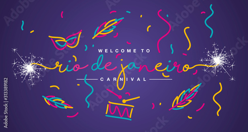 Welcome to Rio de Janeiro Carnival 2020 handwritten typography sparkle firework line design colorful party elements purple background