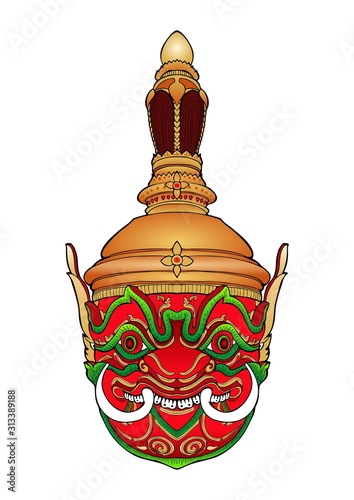 Thao Wessuwan inThai Khon mask pantomime with mandala vector art work 