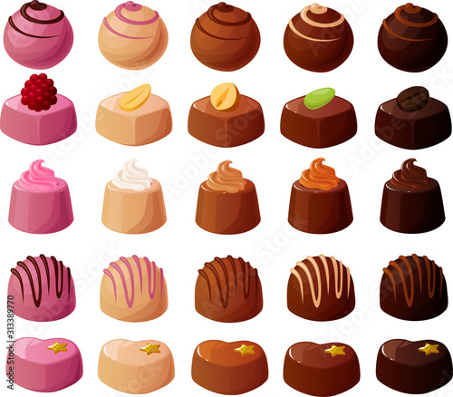 Vector illustration of various kinds of filled chocolate truffles, pralines and bonbons isolated on a white background