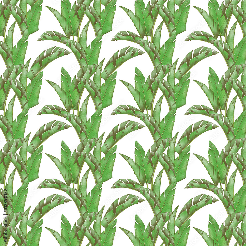 Obraz premium Digital illustration pattern creative cute green-pink tropical textural leaves. A print in a pencil style for children for fabrics, paper, invitations, cards, scrapbooking.