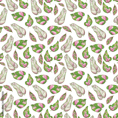 Digital illustration pattern creative cute green-pink tropical textural leaves. A print in a pencil style for children for fabrics, paper, invitations, cards, scrapbooking.