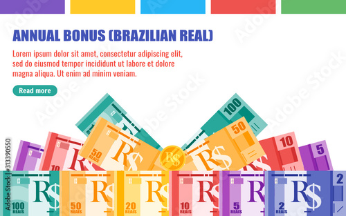 Annual Bonus Gift with Brazilian Real BRL Banknotes money vector template, good for landing page, infographic, web, social media post or other digital & print usage. Brazil business & finance element