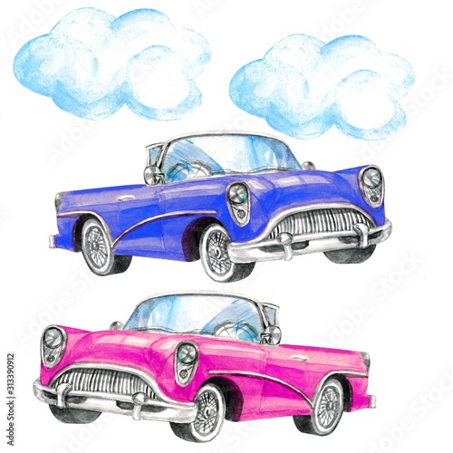 Photography Retro pink and blue watercolor cars with clouds.