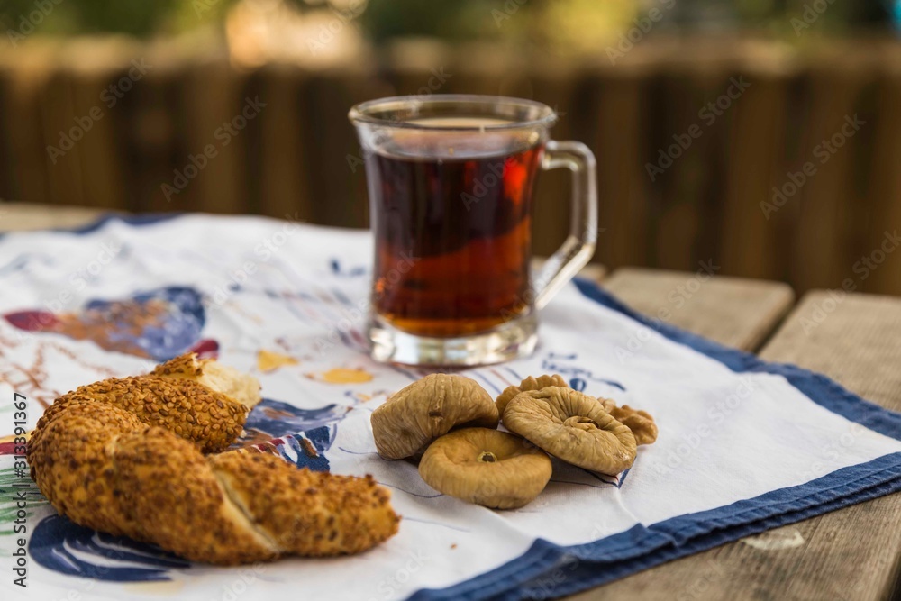  türkish black tea with bagel , pastry concept