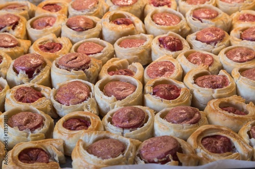 .tea, bagel, hot dog puff pastry concept
