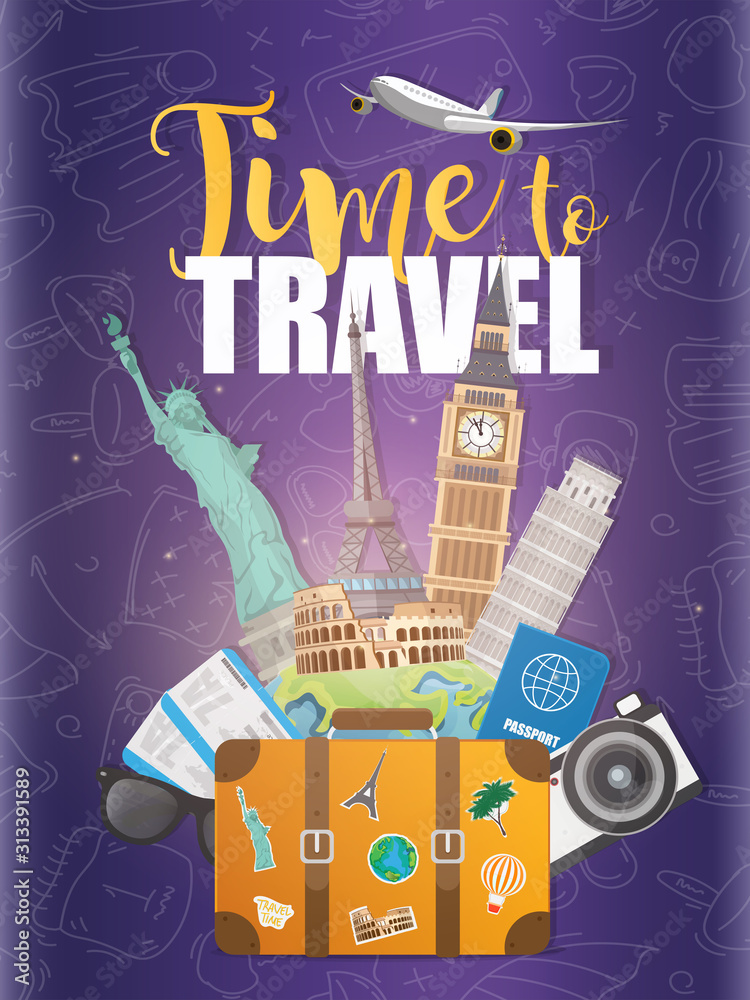 Time to travel banner. Purple poster for advertising discount tickets