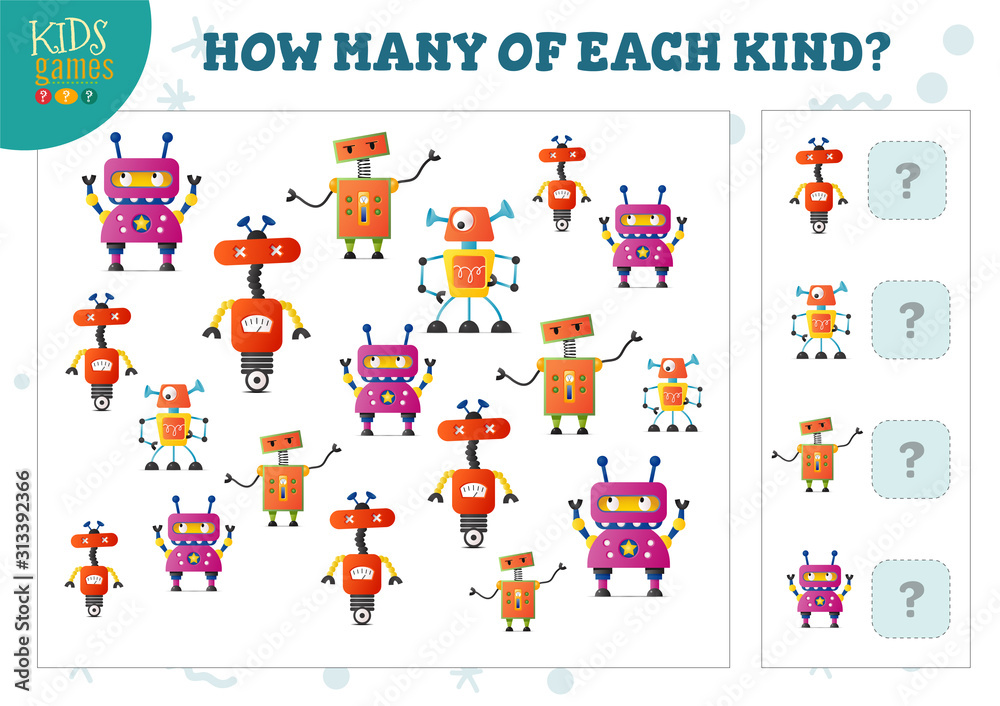 How many of each kind cartoon robot counting game for kids vector illustration How many of each kind cartoon robot counting game for kids vector illustration