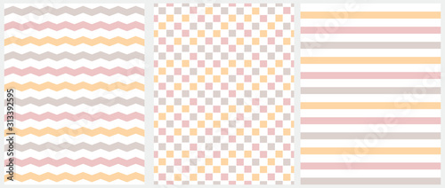Pastel Color Seamless Geometric Vector Patterns. Pink, Beige and Yellow Grid, Stripes and Chevron Isolated on a White Background. Simple Abstract Vector Print for Fabric, Textile, Wrapping Paper.
