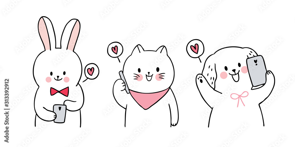 Cartoon cute Valentines day cat and dog and rabbit and love mobile vector. Cartoon cute Valentines day cat and dog and rabbit and love mobile vector.