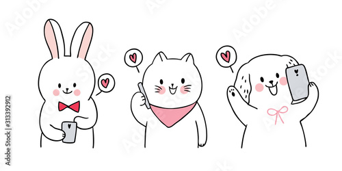 Cartoon cute Valentines day  cat and dog and rabbit and love mobile vector.