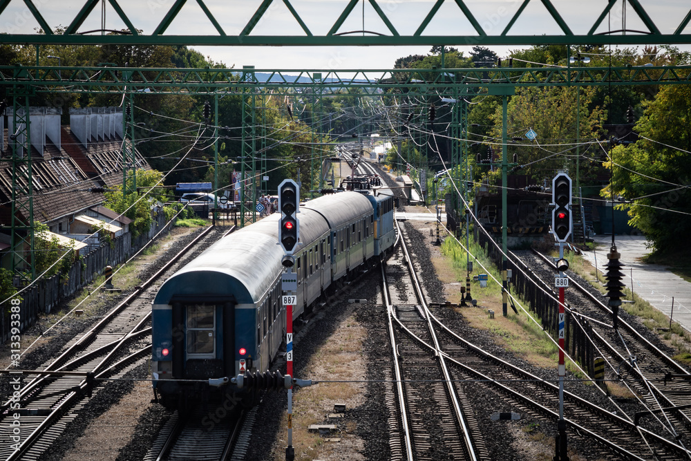 Naklejka premium Railway station train movement from above the rails