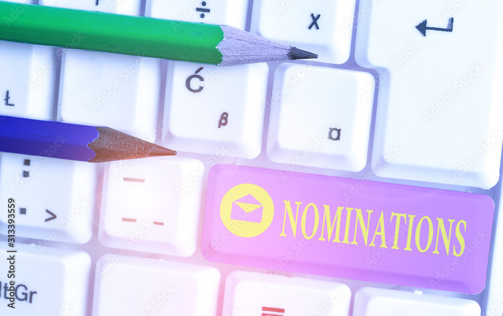Handwriting text Nominations. Conceptual photo the act of officially suggesting someone for a job or position Handwriting text Nominations. Conceptual photo the act of officially suggesting someone for a job or position