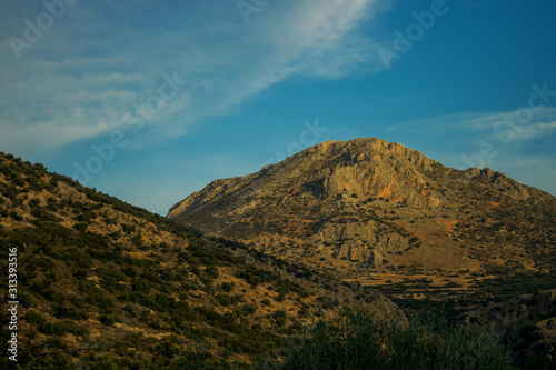 mountain landscape soft focus peak of rock in twilight lighting time before sunset, blue sky background scenic view