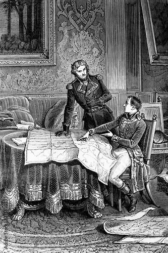 Napoleon Bonaparte indicating to general Dessolles a campaign plan for the Rhin army. 1797. Antique illustration. 1890.