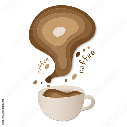 Cup or mug with coffee splash and milk in paper cut style isolated on white background. 3d cup of coffee with shadows. Template for menu, card, banner, poster, flyer. Vector stock illustration.