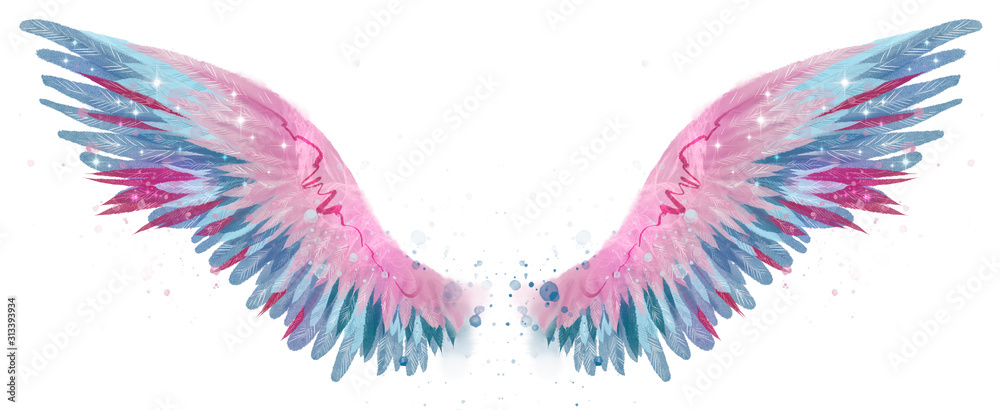 Beautiful magic watercolor blue pink wings - obrazy, fototapety, plakaty 