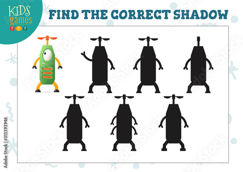 Find the correct shadow for cute cartoon robot educational preschool kids mini game