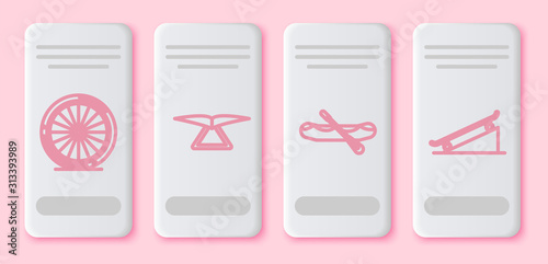 Set line Bicycle wheel, Hang glider, Rafting boat and Skateboard on street ramp. White rectangle button. Vector