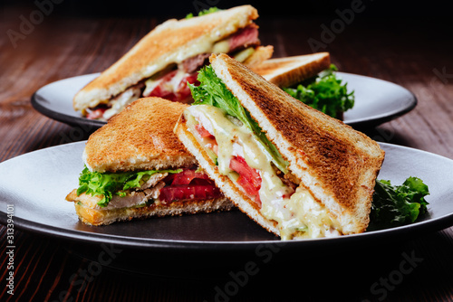 Sandwich bread tomato, lettuce and yellow cheese for breakfast photo