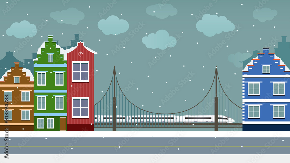 Christmas background. Illustration of a christmas city. Winter, snowy weather, new year 2020 in the town