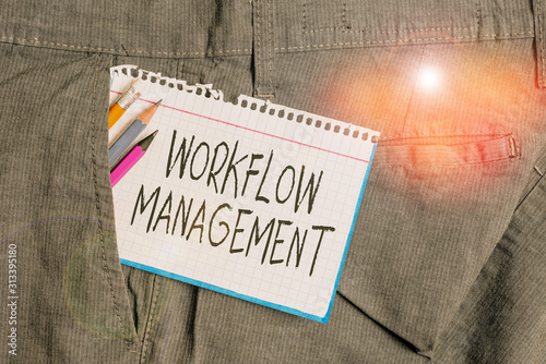 Word writing text Workflow Management. Business photo showcasing the execution and automation of business processes Writing equipment and white note paper inside pocket of man work trousers