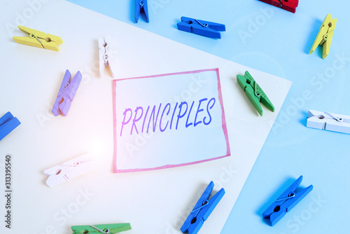 Word writing text Principles. Business photo showcasing fundamental truth that serves as the base for a system of belief Colored clothespin paper empty reminder yellow blue floor background office