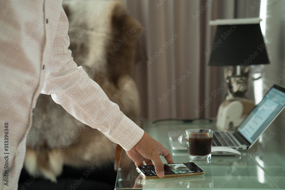 Man is working at home through social media. Man is working at home through social media.