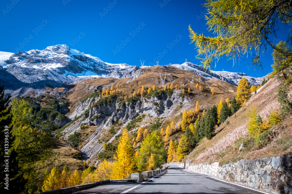 Naklejka premium Dolomites Mountains, autumn landscape in the Passo Stelvio valley in South Tyrol in the Stelvio National Park, Alps, northern Italy, Europe.