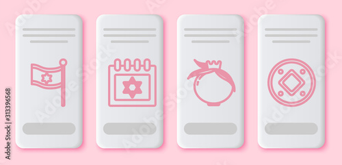 Set line Flag of Israel, Jewish calendar with star of david, Pomegranate and Jewish coin. White rectangle button. Vector