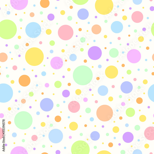 Colourful circles seamless pattern on an off-white background. Birthday surface pattern design