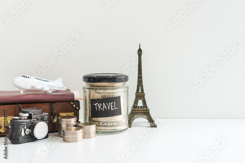 Travel background, tourism and vacation planning, close up, copy space on white background.