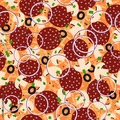 seamless pattern. pizza with mushrooms and smoked sausage