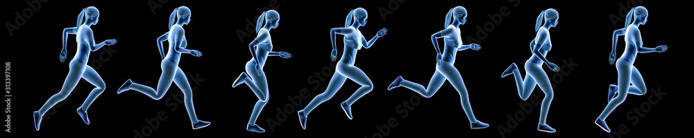 Sportswoman running sequence movements isolated on a black background. Hologram 3d render banner illustration. Sport, fitness, health, human biomechanics concepts.