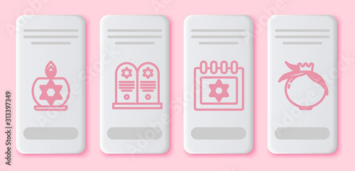 Set line Burning candle in candlestick with star of david, Tombstone with star of david, Jewish calendar with star of david and Pomegranate. White rectangle button. Vector