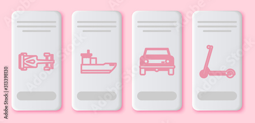 Set line Formula race car, Cargo ship, Off road car and Scooter. White rectangle button. Vector