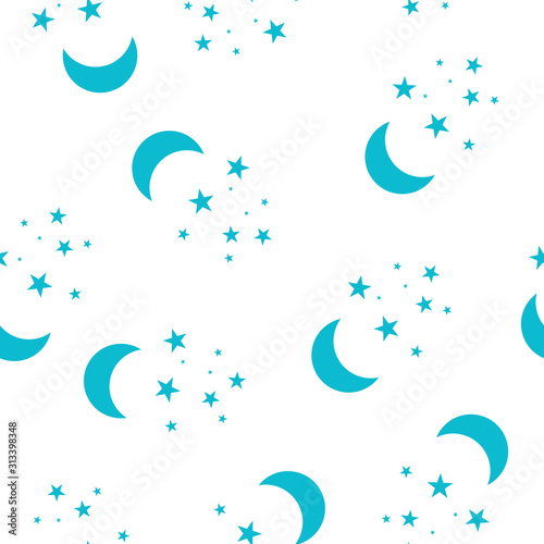 Moon and stars Vector icon. Yellow stars on a blue night sky seamless pattern on a white background. photo