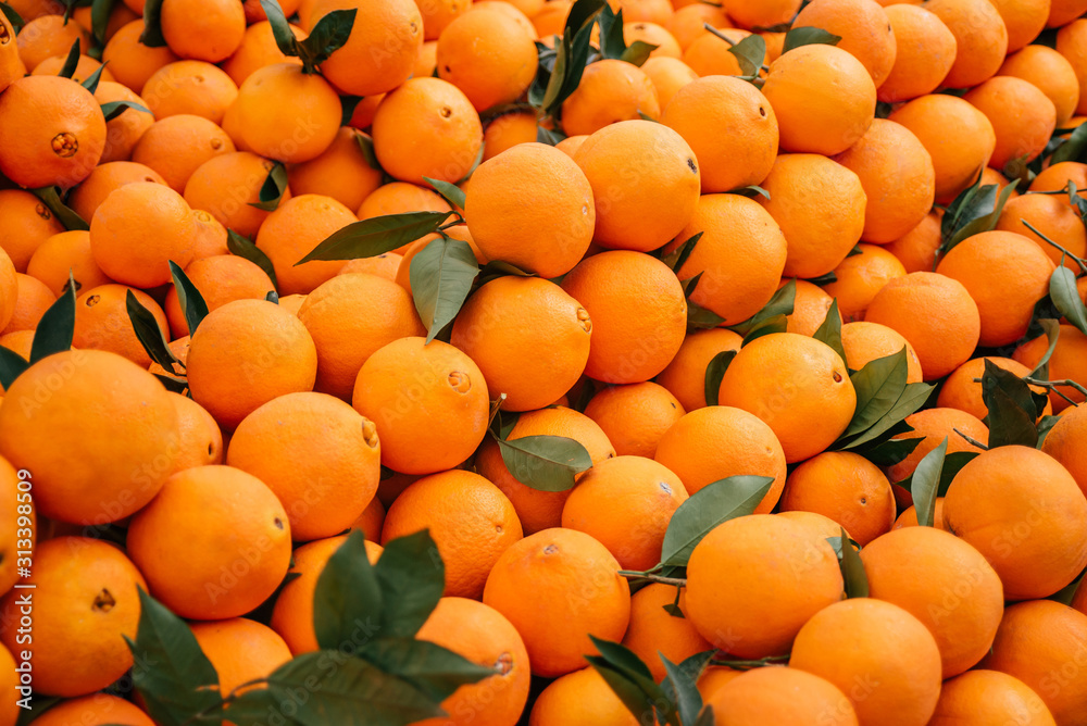 Beautiful selected organic oranges background, ripe oranges for preparing meal, lots of oranges on a market counter.