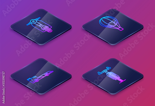 Set Isometric line Scooter, Formula race car, Hot air balloon and Bicycle. Blue square button. Vector