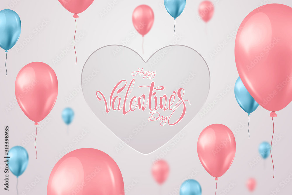 Valentine's day design, pink and turquoise balloons on a light background. Sale poster, blank, love, sale, flyer. 3D illustration, 3D render.