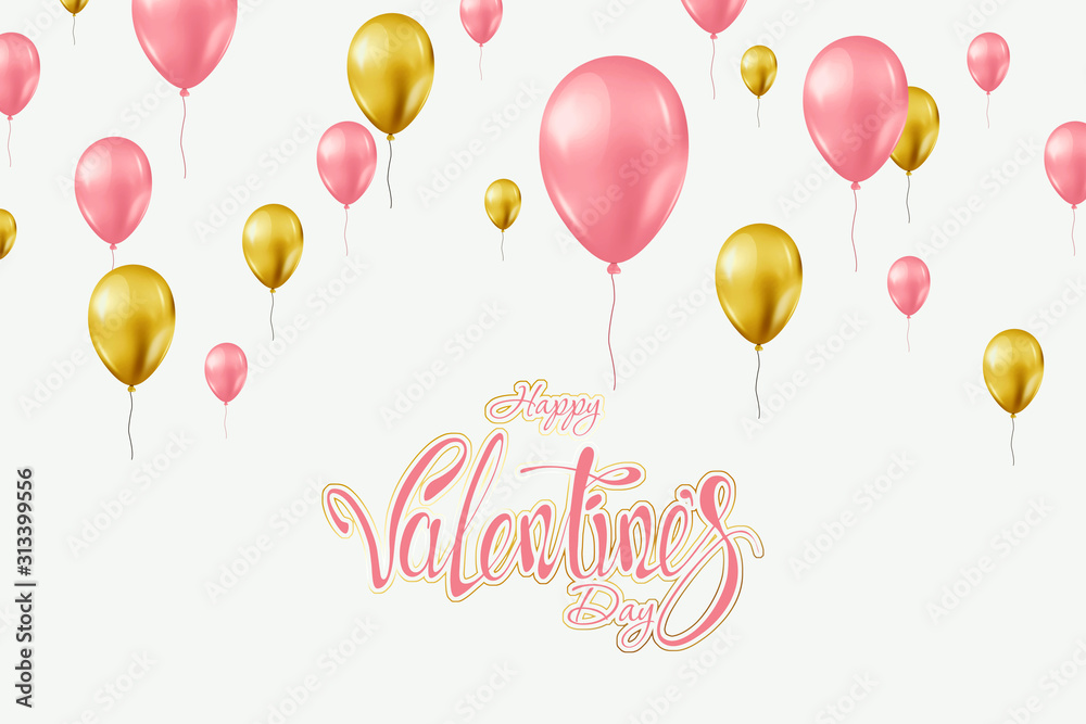 Valentine's day design, pink and gold balloons on a light background. Sale poster, blank, love, sale, flyer. 3D illustration, 3D render.