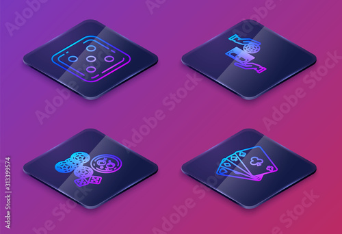 Set Isometric line Game dice, Casino chips, game dice and glass of whiskey with ice cubes, Casino chips exchange on stacks of dollars and Playing cards. Blue square button. Vector