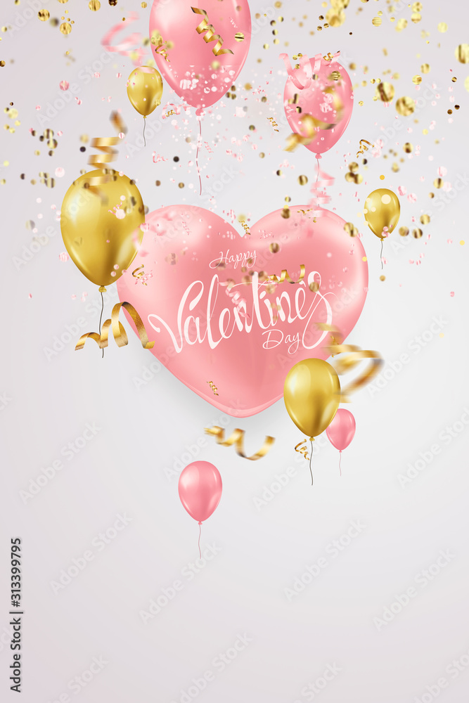 Valentine's day design, pink and gold balloons on a light background. Sale poster, blank, love, sale, flyer, A4. 3D illustration, 3D render.