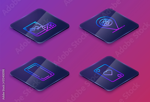 Set Isometric line Game dice and glass of whiskey with ice cubes, Playing card back, Casino location and Playing card with heart symbol. Blue square button. Vector