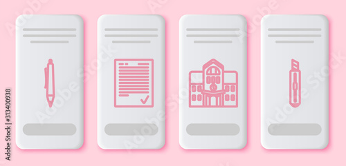 Set line Pen, Exam sheet with check mark, School building and Stationery knife. White rectangle button. Vector