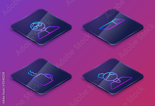 Set Isometric line Student, Coffee cup, Eraser or rubber and Teacher. Blue square button. Vector