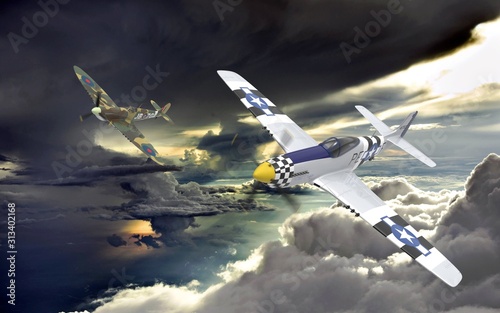 3D rendering of Two world war two airplanes flying in formation in the clouds