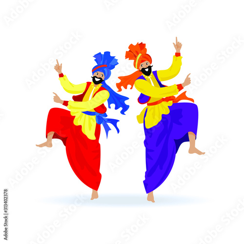 Two happy bearded Sikh men in turbans, colorful clothes, dancing traditional bhangra dance on Indian festival Lohri, party. Cartoon flat illustration on white background for banner, poster, card