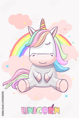 Cute unicorn with rainbow hair on a rainbow background.