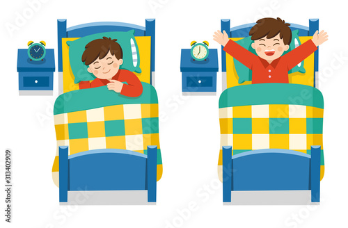 A Little boy sleeping on tonight dreams, good night and sweet dreams. he wake up in the morning. Isolated vector.